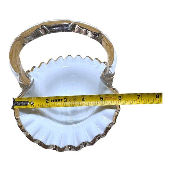 Fenton Silver Crest Reed White Milk Glass Ruffled Basket With Clear Handle Vtg - Picture 7 of 8